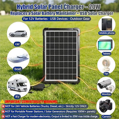 20W Hybrid Solar Battery Charger & Maintainer 12V + USB Hub Kit - Waterproof Trickle Charger for Car, Boat, RV, Motorcycle - Universal 5-in-1 Portable Solar Panel for Phone, Camping
