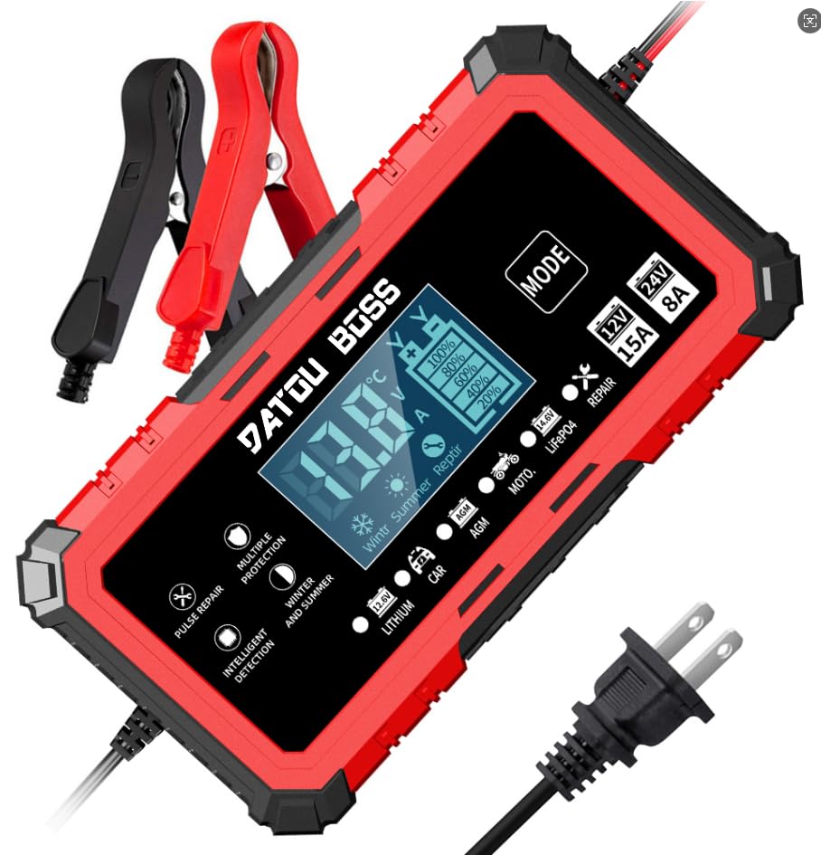 DATOUBOSS 12V 15A 24V 8A Battery Charger Automotive, Smart Portable Car Battery Charger Maintainer with Pulse Repair, Trickle Charger for LiFePO4 Lithium AGM Gel Lead-Acid Marine Boat RV Truck