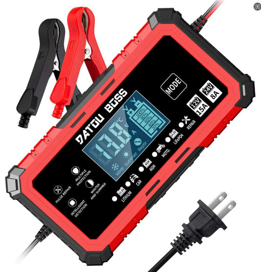 DATOUBOSS 12V 15A 24V 8A Battery Charger Automotive, Smart Portable Car Battery Charger Maintainer with Pulse Repair, Trickle Charger for LiFePO4 Lithium AGM Gel Lead-Acid Marine Boat RV Truck
