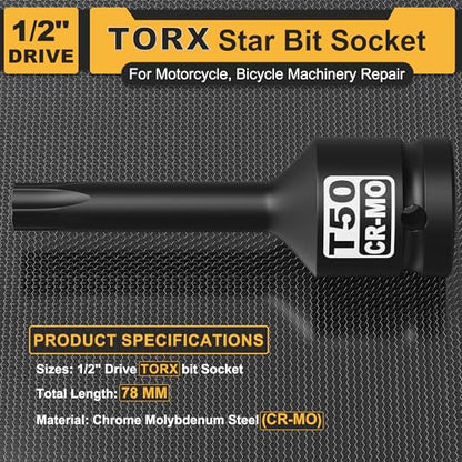 1/2" Drive T50 Torx Bit Socket, Star Bit Socket, CR-MO Steel, Motorcycle, Bicycle Machinery Repair - size: 1/2" T50 Deep