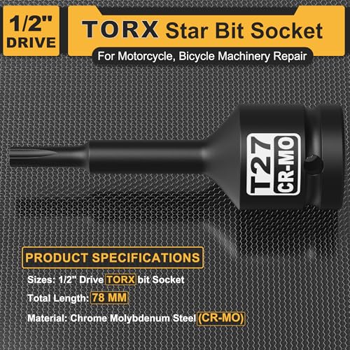 1/2" Drive T27 Torx Bit Socket, Star Bit Socket, CR-MO Steel, Motorcycle, Bicycle Machinery Repair - size: 1/2" T27 Deep