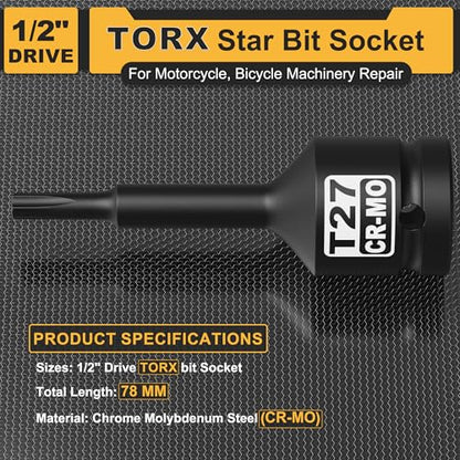 1/2" Drive T27 Torx Bit Socket, Star Bit Socket, CR-MO Steel, Motorcycle, Bicycle Machinery Repair - size: 1/2" T27 Deep