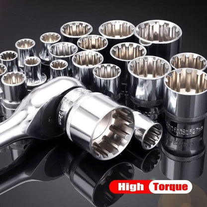 Qnkaa Spline Socket Set 1/2" Drive Universal Metric 8-32mm 12-point Cr-V Socket Set 19pcs