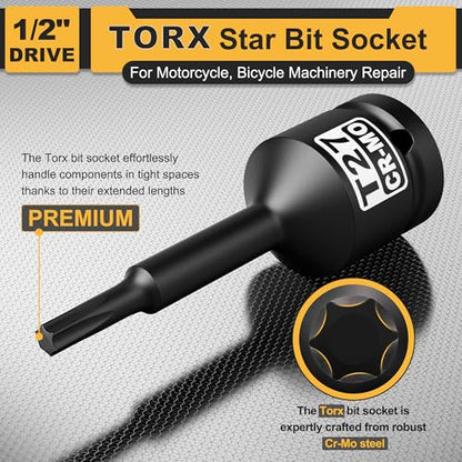 1/2" Drive T27 Torx Bit Socket, Star Bit Socket, CR-MO Steel, Motorcycle, Bicycle Machinery Repair - size: 1/2" T27 Deep