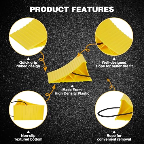 PAHTTO Wheel Chocks, 4Pack Heavy Duty Wheel Chocks with Rope for Easy Removal, Durable, Non-Slip, Hard Plastic Wheel Chocks for, RV, Camper, Effective in Keeping Your Vehicle in Place, Yellow - color: Yellow