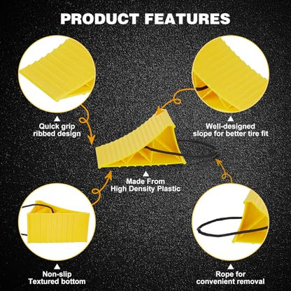 PAHTTO Wheel Chocks, 4Pack Heavy Duty Wheel Chocks with Rope for Easy Removal, Durable, Non-Slip, Hard Plastic Wheel Chocks for, RV, Camper, Effective in Keeping Your Vehicle in Place, Yellow - color: Yellow