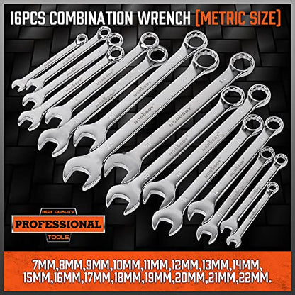 HORUSDY 32-Piece Combination Wrench Set, SAE and Metric, 1/4"-1" & 7mm-22mm, 12 Point, Chrome Vanadium Steel Construction with Case - style: 32-Piece Combination Wrench Set