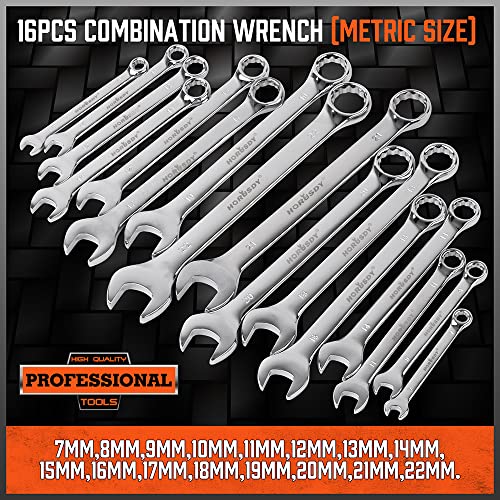HORUSDY 32-Piece Combination Wrench Set, SAE and Metric, 1/4"-1" & 7mm-22mm, 12 Point, Chrome Vanadium Steel Construction with Case - style: 32-Piece Combination Wrench Set