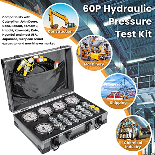 60P Hydraulic Pressure Test Kit with 5 Gauges 24 Couplings 3 Test Hoses for Excavator Construction Machinery 10/60/160/400/600Bar 150/900/2300/6000/9000PSI Hydraulic Test Gauge Kit with Carrying Case - style: 5 Gauges 24 Test Couplings