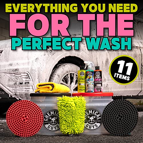Chemical Guys Two Car Wash Bucket Kit with Dual Dirt Trap Filters, Chenille Wash Mitt, Mr. Pink, Citrus Wash, After Wash, and Drying Towel - 11 Items - Two Bucket Method Complete Setup - style: HOL129