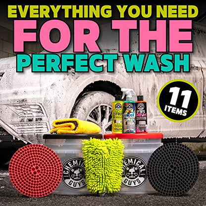 Chemical Guys Two Car Wash Bucket Kit with Dual Dirt Trap Filters, Chenille Wash Mitt, Mr. Pink, Citrus Wash, After Wash, and Drying Towel - 11 Items - Two Bucket Method Complete Setup - style: HOL129