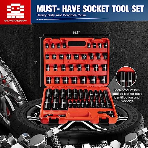 BLACKROBOT 59PCS 3/8" and 1/2” Drive Impact Socket Set, Metric/SAE Deep/Shallow, Cr-Mo, 6-Point, 5/16" to 1-1/4", 6mm - 32mm, Includes Socket Adapter and Extension Bar