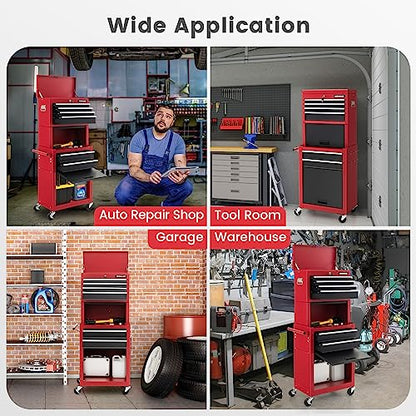 ERGOMASTER Rolling Tool Chest - Removable Top Box Large Bottom Cabinet with Casters and Lock System Tool-Box - Heighten 6-Drawer Red - color: Black&red, size: 6-Drawers