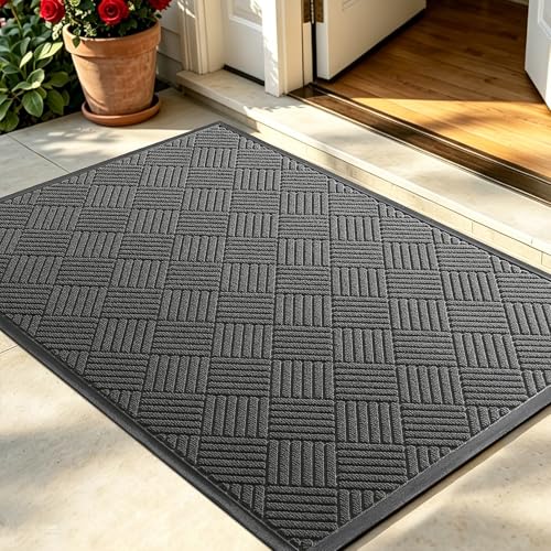 Front Door Mat, Heavy Duty Waterproof Rubber Doormat for Indoor Outdoor, Non-Slip Low Profile Dirt Trapper Absorbent Mat for Entryway, Stain Fade Resistant Easy Clean 47.5"x35.5", Grey - color: Grey, size: 2'11" x 3'11" (Rectangular)