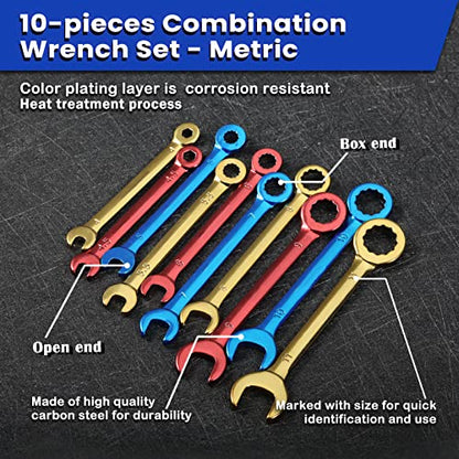 Small Wrench Set Metric 10 PCS 4-11mm Color Plated Open and Box End Mini Wrenches Combination Wrench Set with Key Ring Ignition Wrench Set with Portable Storage Pouches - style: Metric