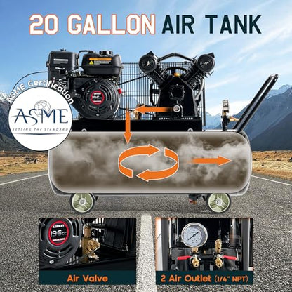 Albott 6.5HP Gas Air Compressor, 20 Gallon Portable Horizontal Tank | 196cc Loncin Engine Max 115PSI Pressure Pneumatic Tool Compatible Commercial and Residential Use - size: 20 Gal