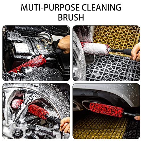 Metal Free Soft Wheel Cleaner Brush, Synthetic Wool Car Cleaning Brush, Highly Water Absorption, Dense and Durable Tire Brush for Cleaning Wheels, Rims, Spokes, Fenders, Engines… - color: Red Eva