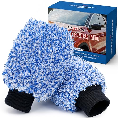 TAKAVU Car Wash Mitt, 2 Pack Microfiber, Scratch-Free (Blue) | Soft Lint-Free Wash Gloves Hold Sudsy Water for Auto Detailing, Machine Washable, Safe on Paint & Coat - color: Blue & White