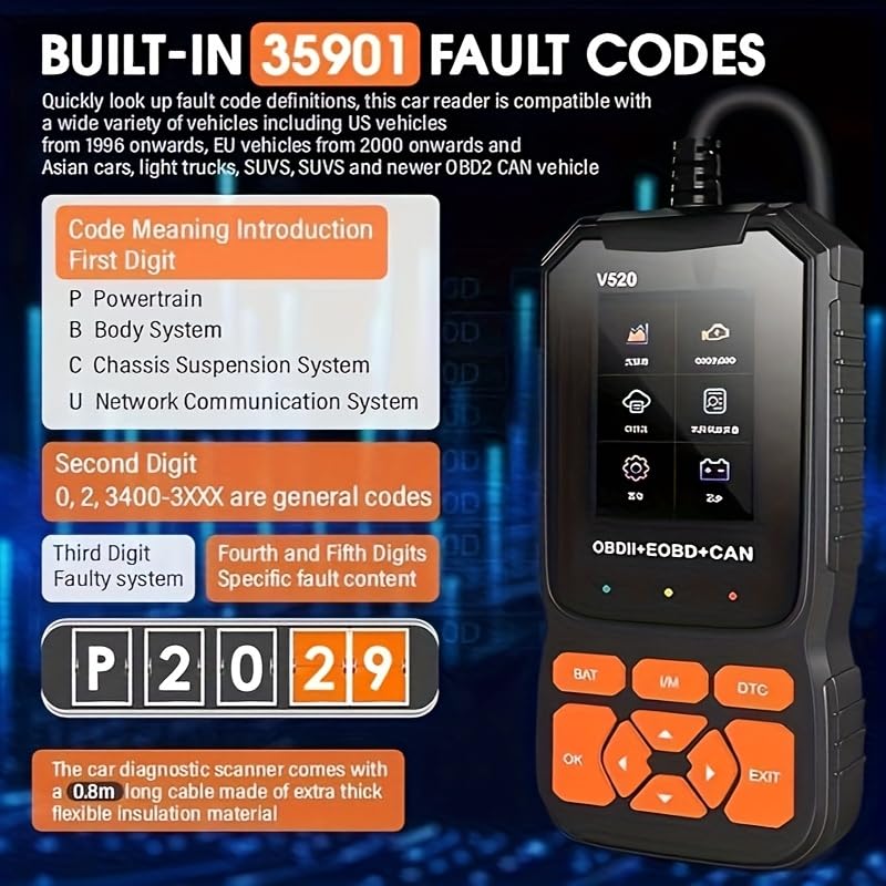 Professional V520 OBD2 Scanner – Advanced Car Diagnostic Tool with Live Data, Check Engine Reset, ABS/SRS Scan, Mode 6 & 8, Oxygen Sensor & Battery Test – Works with All Cars 1996+ (OBDII/EOBD)
