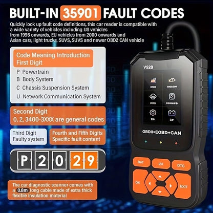 Professional V520 OBD2 Scanner – Advanced Car Diagnostic Tool with Live Data, Check Engine Reset, ABS/SRS Scan, Mode 6 & 8, Oxygen Sensor & Battery Test – Works with All Cars 1996+ (OBDII/EOBD)