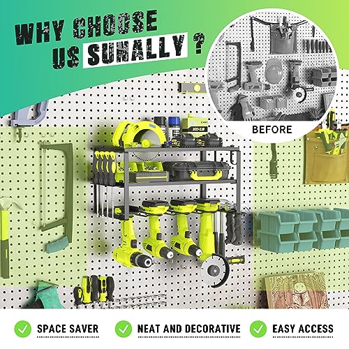 SUNALLY 3-Tier Heavy Duty Steel Power Tool Organizer, Matte Black, 3 Layers Tool Rack Cordless Drill, Floating Shelf Wall Mounted, 4 Drill Holders - style: 8 Drill Holders A