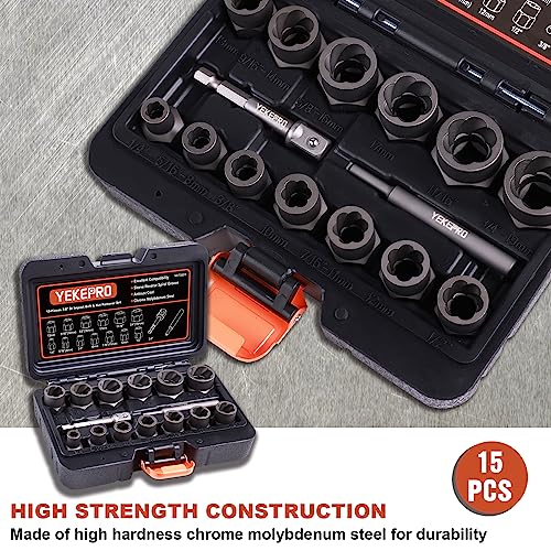 15 PCS Bolt Extractor Set, 3/8" Drive Impact Bolt & Nut Remover Socket Tool Kit, Stripped For Damaged, Frozen, Studs, Rusted, Rounded-Off Bolts, Nuts & Screws, Cr-Mo Steel, T38215 - size: 15-Piece Bolt Extractor Set