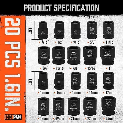 HORUSDY 1/2" Drive Shallow Impact Socket Set, 24-Piece SAE (7/16"-1") and Metric (13-24mm), 6 Point, Cr-V, Includes 1/2-Inch Drive Ratchet Handle, Drive Extension Bar - style: 24PC 1/2" Standard Kit