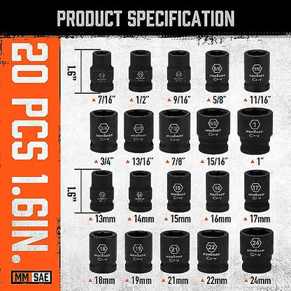 HORUSDY 1/2" Drive Shallow Impact Socket Set, 24-Piece SAE (7/16"-1") and Metric (13-24mm), 6 Point, Cr-V, Includes 1/2-Inch Drive Ratchet Handle, Drive Extension Bar - style: 24PC 1/2" Standard Kit
