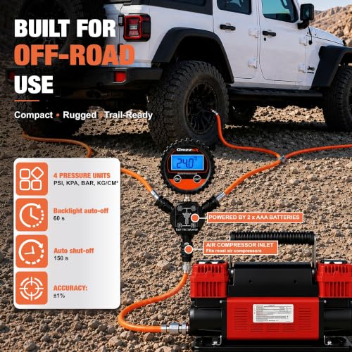 4 Tire Inflation & Deflation System, Air Up Down Kit with Digital Tire Pressure Gauge, Self-Locking Quick Coupler, TPU Braided Air Hoses, 7 Adapters for Trucks SUVs Jeeps 4x4