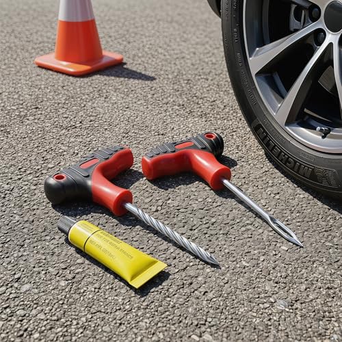 17 Pieces Tire Repair Kit with Plug Kit T Handle Tire Repair Tools to Fix Punctures and Plug Flats for Truck, Rv, SUV, ATV, Motorcycle, Car, Tractor, Trailer