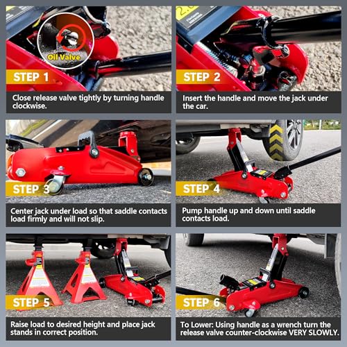 2 Ton (4000 lbs) Capacity, Low Profile Hydraulic Trolley Service/Floor Jack Combo with 2 Ratchet 3 Ton Jack Stands,Wheel Chock - color: 2Ton with Jack stands+Wheel chock Red
