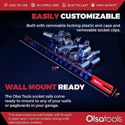 Olsa Tools 1/2-Inch Drive Aluminum Socket Organizer with Locking End Caps - Professional Quality Socket Holder - RED - 1170 - color: Red, size: 1/2-Inch Drive