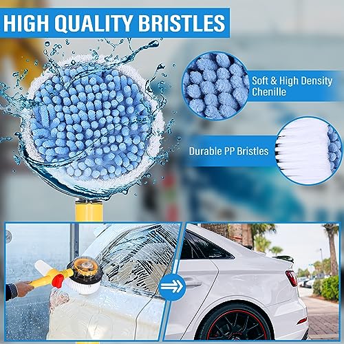 Toolly Car Wash Brush Cleaning Kit, 360° Spin Car Mop, Microfiber Rotating Car Cleaning Brush, Detachable & Extendable Scrub Brush, Garden Hose Spray Nozzle Spray Gun for Cars, Yards, Garden, Pets