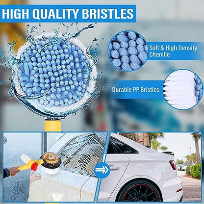 Toolly Car Wash Brush Cleaning Kit, 360° Spin Car Mop, Microfiber Rotating Car Cleaning Brush, Detachable & Extendable Scrub Brush, Garden Hose Spray Nozzle Spray Gun for Cars, Yards, Garden, Pets