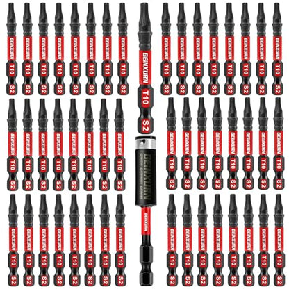 Geinxurn 51 Pieces T10 Impact Tough Magnetic Screwdriver Bit Set, 2 In. #10 Torx Head Power Bit Set, S2 Alloy Steel T10 Star Bit with 1Pcs Impact Bit Holder - size: 2"-51PCS, style: T10