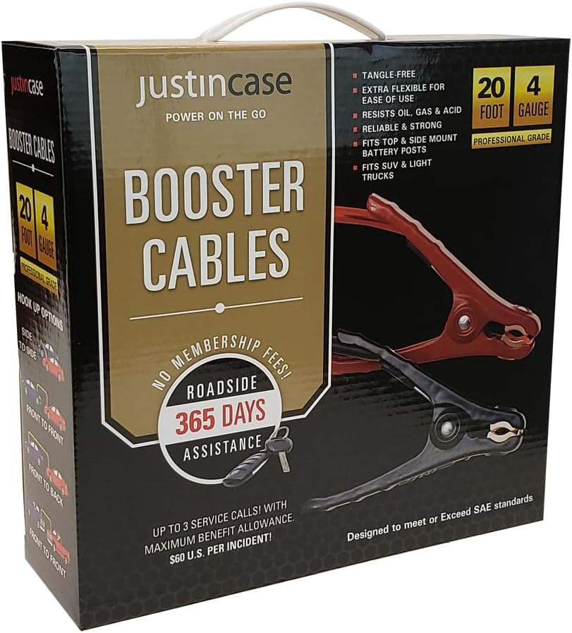 Justin Case Super Heavy-Duty Jumper Cables for Car, Includes 4 Gauge Wire Conductor 20' Car Jumper Cables & 365 Days of Roadside Assistance - size: 20ft 4ga