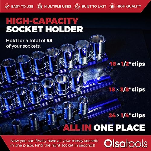 Olsa Tools 3-Piece Aluminum Socket Organizer with Locking End Caps | 1/4-Inch, 3/8-Inch, 1/2-Inch Drive x 24, 18, 16 Clips | Professional Quality Socket Holder (Blue) - color: Blue, size: 3pc, 1/4, 3/8, & 1/2-Inch Drive