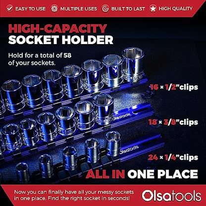 Olsa Tools 3-Piece Aluminum Socket Organizer with Locking End Caps | 1/4-Inch, 3/8-Inch, 1/2-Inch Drive x 24, 18, 16 Clips | Professional Quality Socket Holder (Blue) - color: Blue, size: 3pc, 1/4, 3/8, & 1/2-Inch Drive