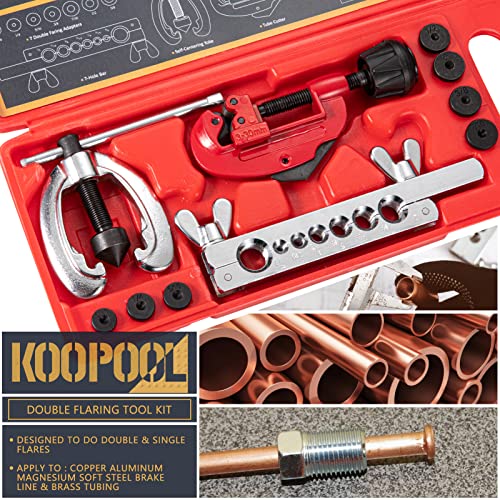 KOOPOOL Double & Single Flaring Tool Kit for Brake Line HVAC System with Tube Cutter Extra 7 Adapters,Brass Copper Pipe 45 Degrees Flaring Tool - size: 10PCS