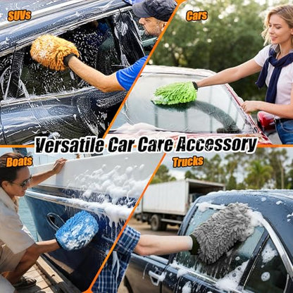 4 Pack Car Wash Mitt Microfiber, Premium Chenille Microfiber Wash Car Mitts Sponge Scratch Free & Lint-Free, Mitts Waterproof Lining Orange (8''X12'') - size: XCST_8X12IN_OG_4PCS