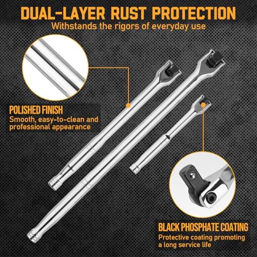 3PCS Breaker Bar Set, 3/8'', 1/4in, 1/2inch Breaker Bars with 180°Rotatable Head, Heavy Duty Breaker Bar Kit with 15 inch, 10 inch, 6 inch Length for Automobile and Motorcycle Maintenance and Repair