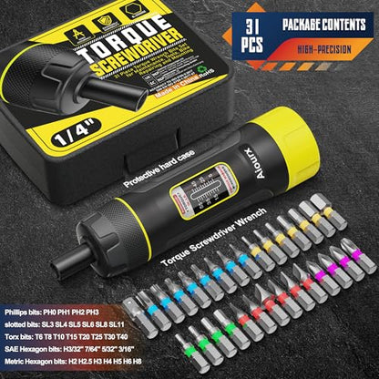 Preset Torque Screwdriver Wrench Set, 5-55 Inch Pounds lbs, 31 Piece 1/4" Drive Torque Screwdriver Wrench with S2 Steel Bits for Bicycle Mechanics, Mechanical Equipment, and Mounting - size: 5-55 in.-lb. Standard