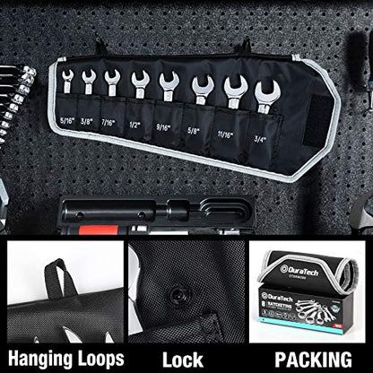 DURATECH Stubby Ratcheting Combination Wrench Set, SAE, 8-Piece, CR-V Steel | 5/16", 3/8", 7/16", 1/2", 9/16", 5/8", 11/16", and 3/4", 72-Tooth, 5° Swing Arc, for Narrow Spaces, with Rolling Pouch - size: SAE(5/16'' to 3/4'')