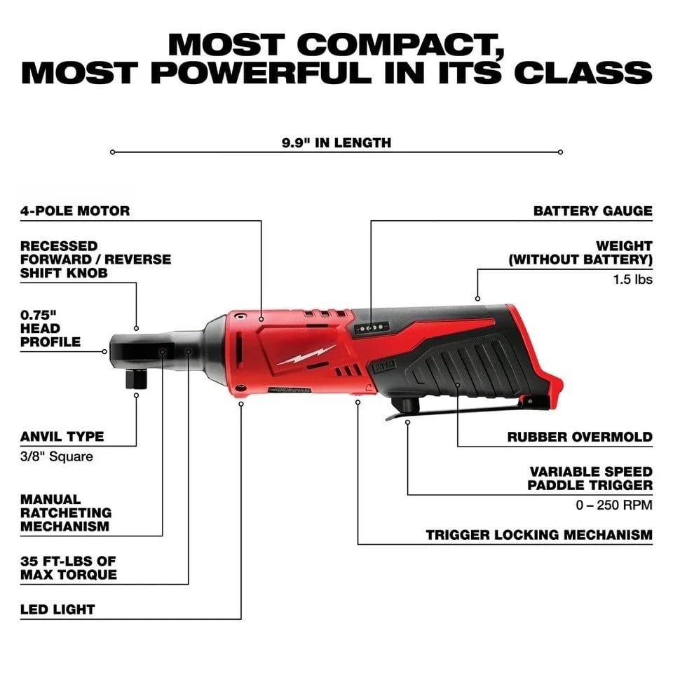 New 2457-20 Power Ratchet Wrenches for Milwaukee M12 12V Cordless 3/8” Ratchet Red - Bare Tool