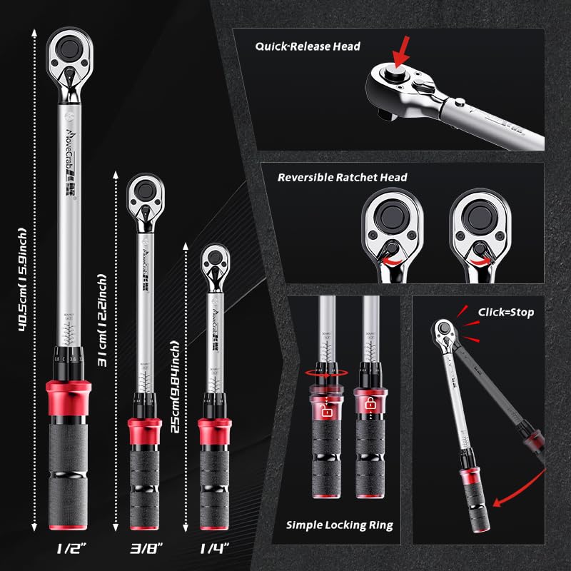6-Piece Click Torque Wrench Set, 1/4", 3/8" & 1/2" Drive, ±3% | 4-20, 5-45, 15-165 Ft.lb Dual-Direction Torque Wrenches, 72-Tooth Ratchet with Extension Bars for Bicycle, Motorcycle & Auto - size: 6pcs Torque Wrench Set
