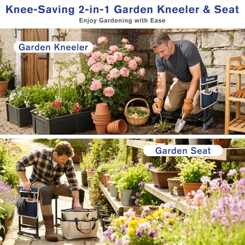 Garden Kneeler and Seat, Extra Wide Thick EVA Pad, Heavy Duty Foldable Garden Bench Holds 350lbs, Ergonomic Kneeling Stool with Garden Tool Pouches, Gardening Gifts for Women, Men & Seniors - color: Beige & Blue