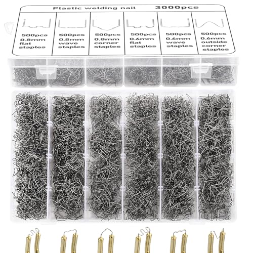 3000 PCS Plastic Welding Staples with Storage Box, 6 Different Shapes Hot Staples for Repair All Car Bumpers Cracks Daily Plastics Welder Supplies