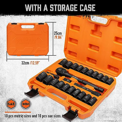 HORUSDY 1/2" Drive Shallow Impact Socket Set, 24-Piece SAE (7/16"-1") and Metric (13-24mm), 6 Point, Cr-V, Includes 1/2-Inch Drive Ratchet Handle, Drive Extension Bar - style: 24PC 1/2" Standard Kit
