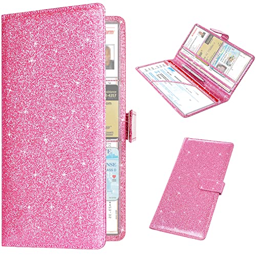 RSAquar Car Registration & Insurance Holder - Leather Glove Box Organizer, Cool Accessories for ID, Driver's License Cards & Docs, Men & Women, Pink Glitter - color: Glitter Pink
