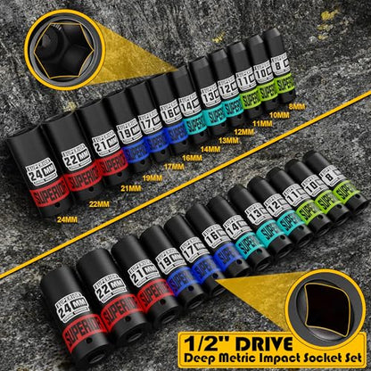14 Piece 1/2" Drive Impact Socket Set, 8 mm - 22 mm Deep Socket, Metric Socket Set With Adapter & Quick-Release Holder, 6 Point, CR-V, Automotive Maintenance, Machinery Manufacturing - size: 1/2" Deep Metric